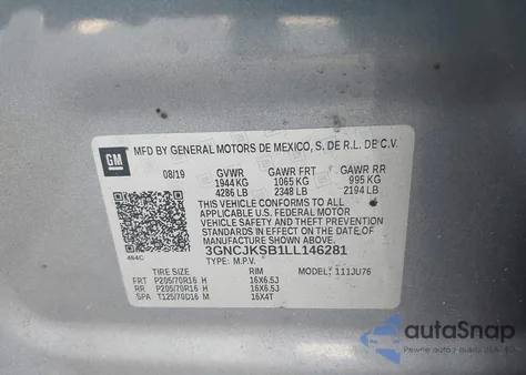 2020 Chevrolet Trax Fwd Ls z USA, uszkodzony, nr VIN 3GNCJKSB1LL146281